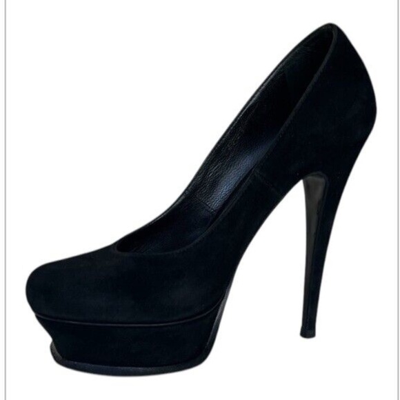 Saint Laurent Black Suede Platform Pumps Size 37 7 Round Toe YSL Designer Shoes - Picture 1 of 10